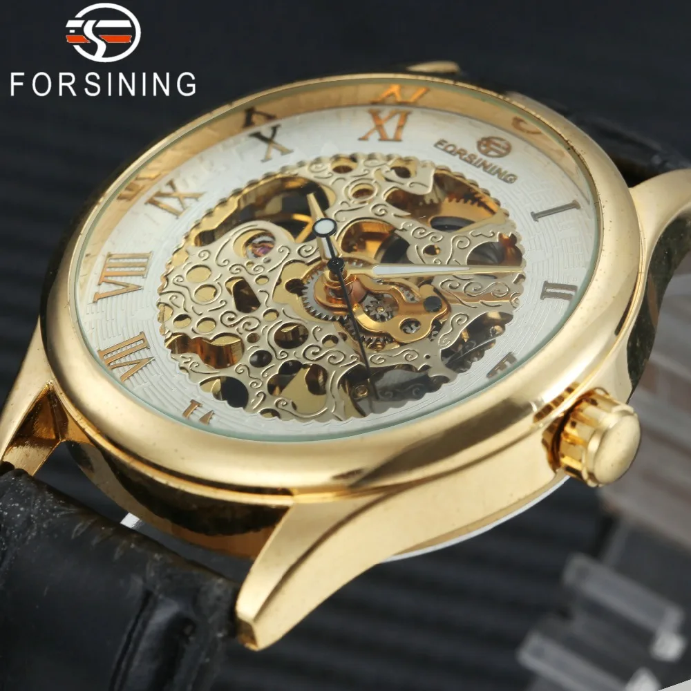 

FORSINING Golden Skeleton Watches Men Leather Strap Roman Numerals Luminous Hands Dial Top Brand Luxury Mechanical Wristwatches