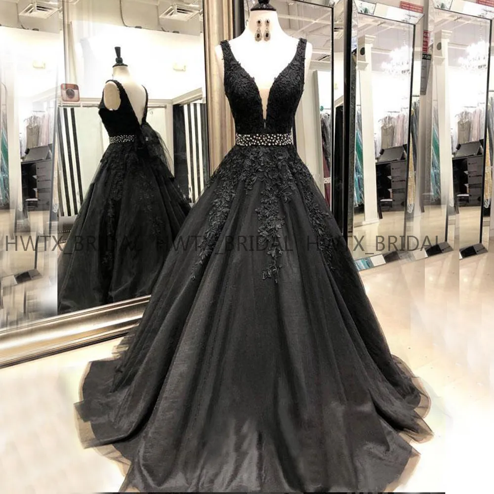 

Black Long Prom Dresses Real Photo 2019 A Line V Neck Backless Vintage Lace Tulle Plus Size Formal Prom Dress Vestidos de gala
