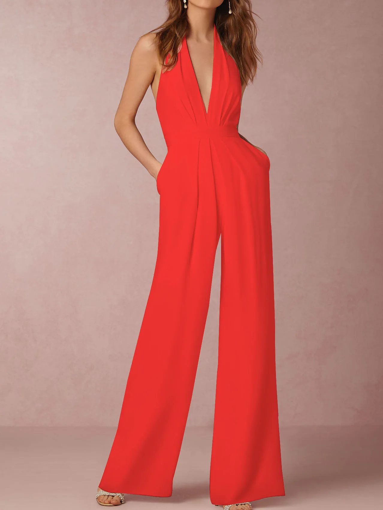 مثير عارية الذراعين السروال القصير بذلة إمرأة ديب V الرقبة أكمام ارتداءها أنيقة حزب Bodycon النساء وزرة بنطال ذو قصة أرجل واسعة