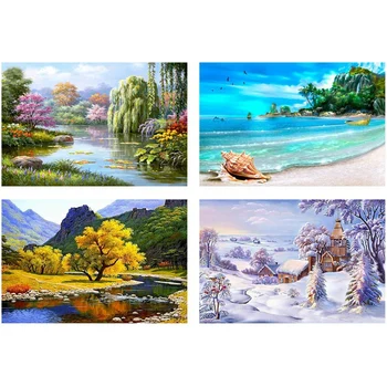 

4 Pack 5D Diy Diamond Painting By Number Kits Full Drill Four Seasons Landscape Cross Stitch Rhinestone Embroidery Paintings F