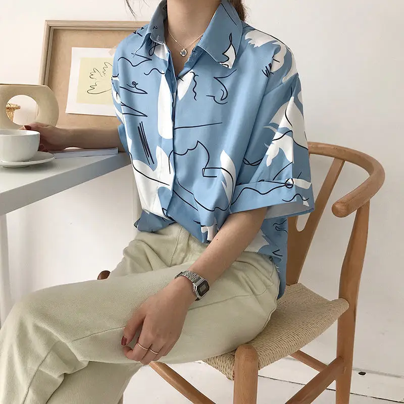 

JOYINPARTY Harajuku Printing Blouse Korean Causal Shirt 2019 Summer Short Sleeve Turn-down Collar Shirts Woman Blusas Tops