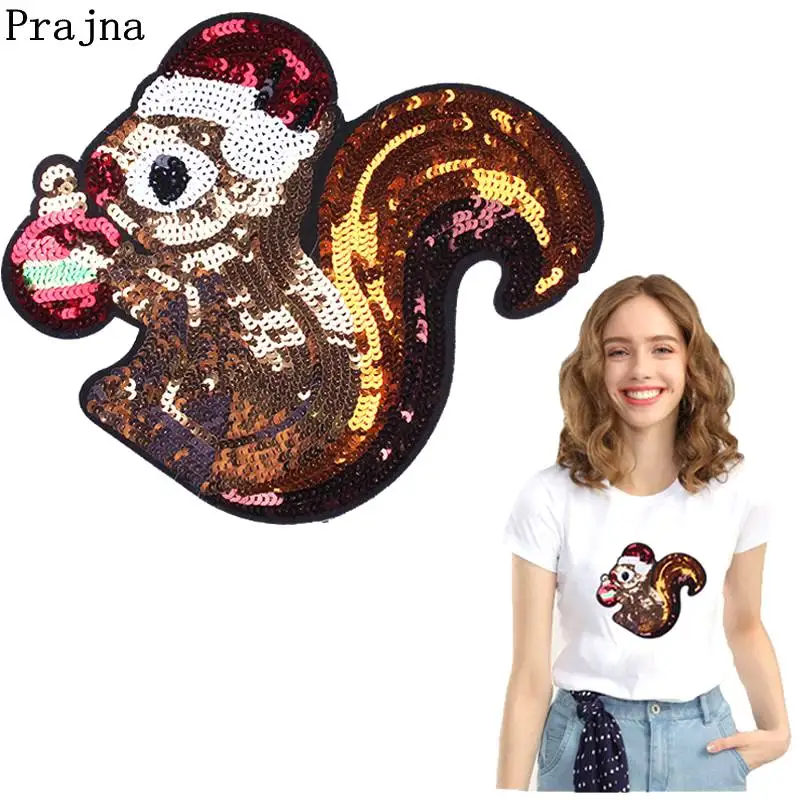 

Prajna Squirrel Cartoon Sequined Patches Iron On Patches For Clothing Applique DIY Cute Fox Cat Dog Badges On T-shirt Bags Decor