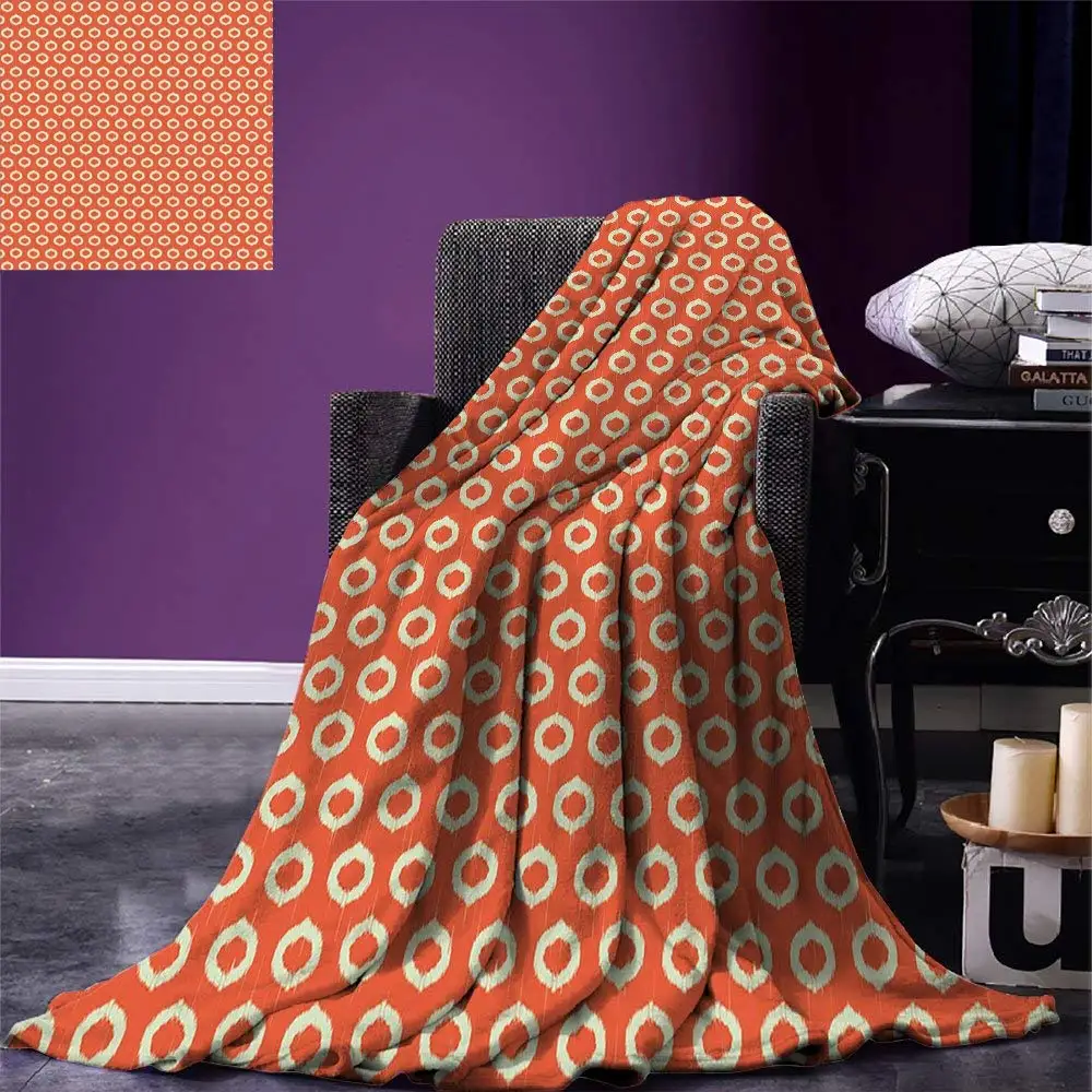 

Ikat Throw Repeating Oval Shapes with Grunge Effect on Orange Backdrop Abstract Vintage Design Warm Microfiber Blanket