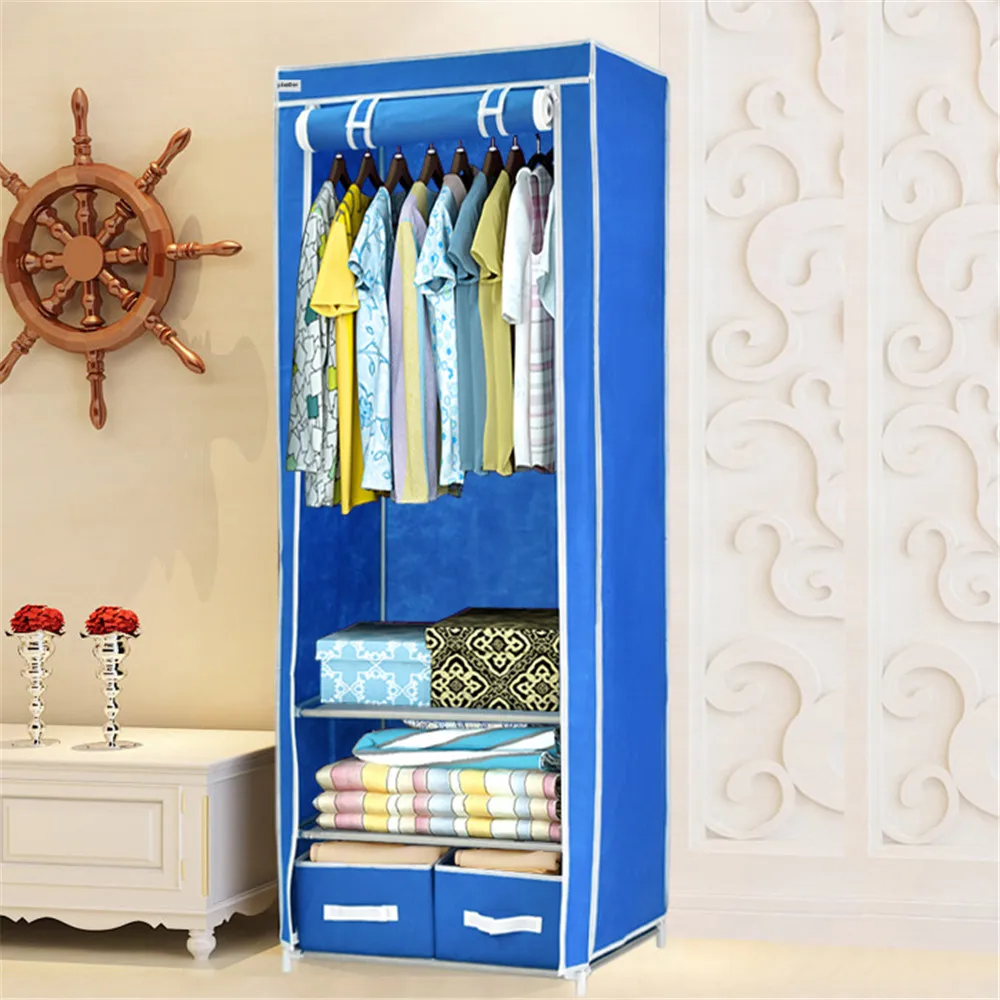 Finether Triple Canvas Clothes Wardrobe Cupboard Hanging Rail With Storage Shelves and 2 drawers storage box -Blue4
