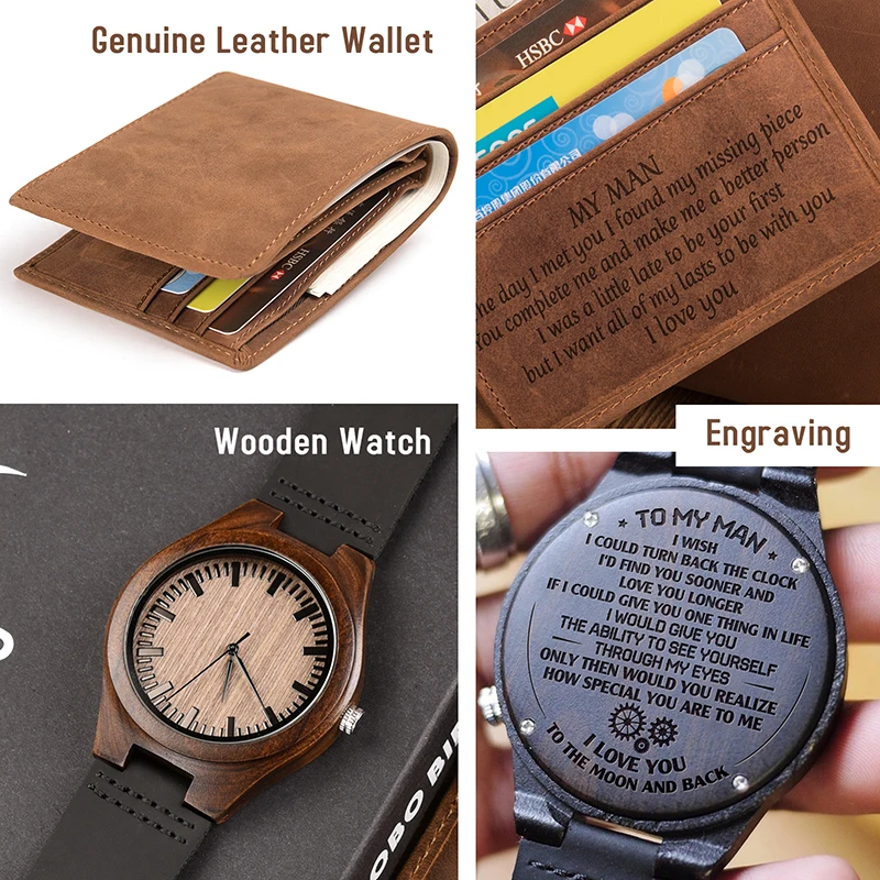 Personalized Bifold Wallet and Wooden Watches for Men Engraved Family Gift for Son Dad