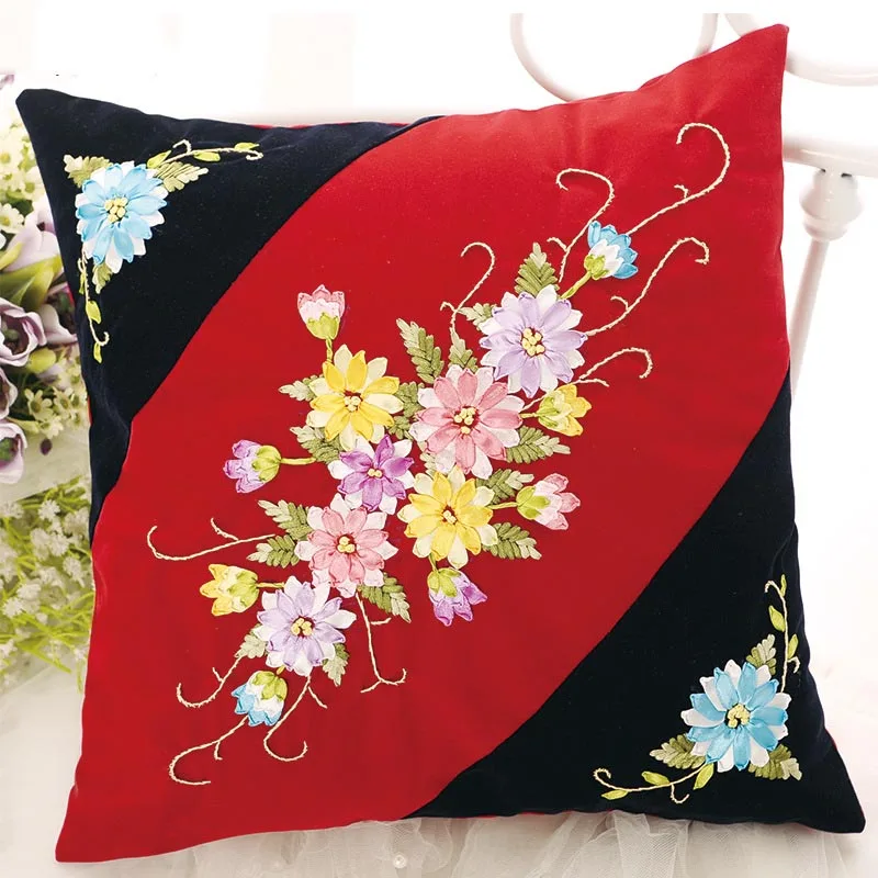 45x45cm Black Ribbon Embroidery kit Pillow Cushion Cover Set Handcraft