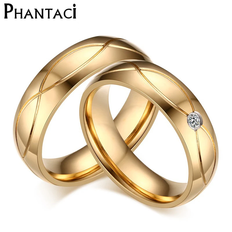 No Fade 6MM Stainless Steel Wedding Ring For Lovers IP Gold Color Zircon Couple Rings Set Men Women Engagement Wedding Ring