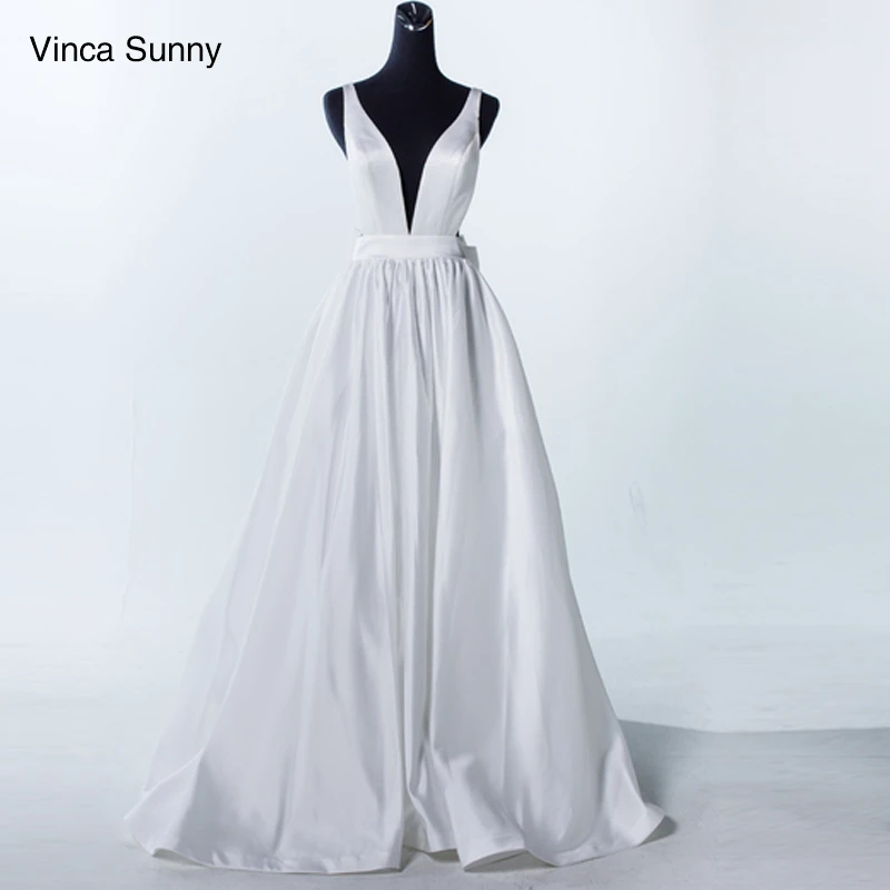 

Vinca Sunny 2021 Sexy Deep V Neck White Satin Wedding Dresses Simple Backless Beach Wedding Dress Vestido De Noiva Praia