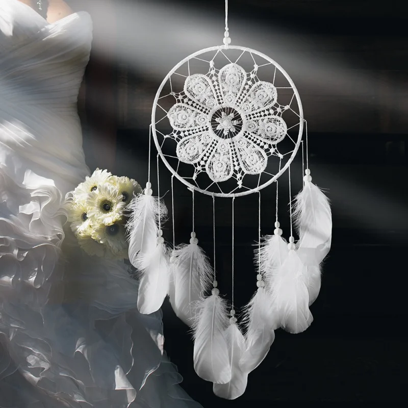 

Black Feather Wind Chimes Modern Style Wedding Series Openwork Dream Catching Lace Dreamcatcher Bead Handmade Party Ornament