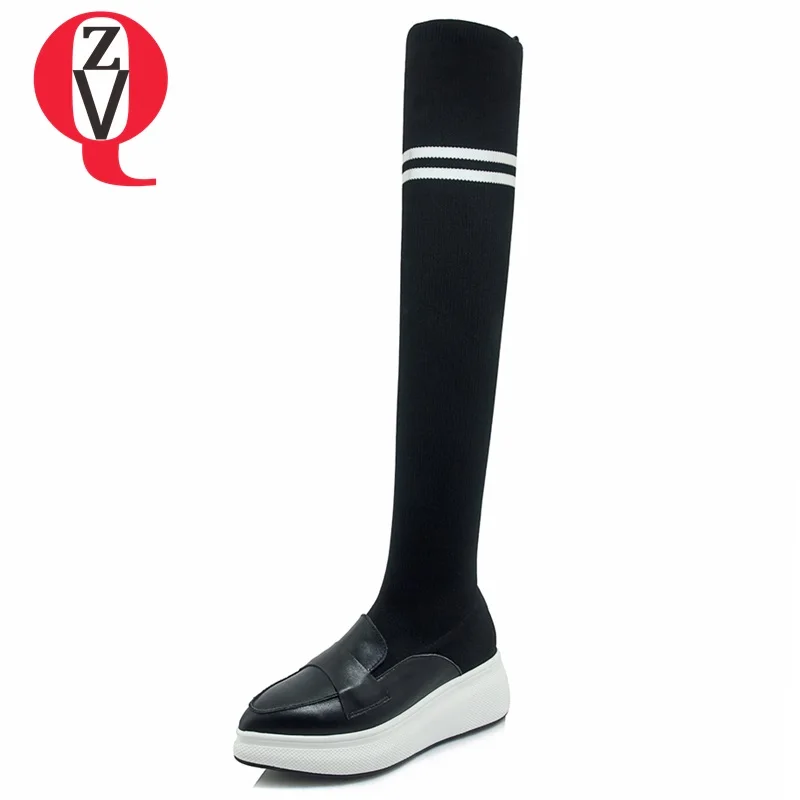 

ZVQ 2018 newest genuine leather pointed toe slip-on high wedges platform winter outside comfortable women over the knee boots