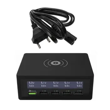 

6-in-1 Multiple Phone QC 3.0 Charging Station 5 USB Ports and 10W QI Wireless Fast Charger with Voltage Current Display For Sams