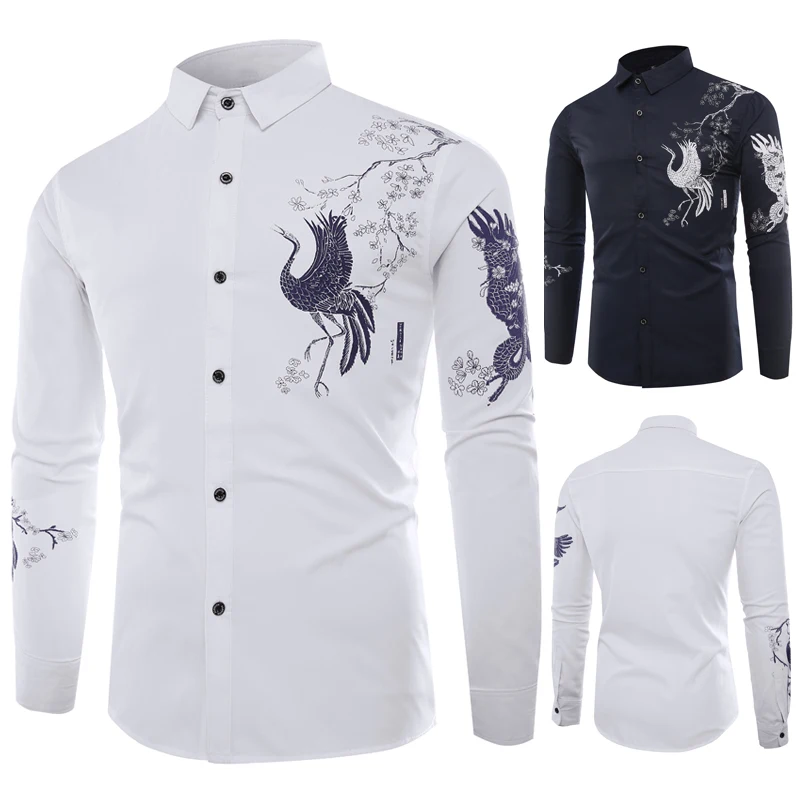 

Brand Men's Shirt Chinese Style Phoenix Print Slim Fashion Long Sleeve Shirt 2018 Autumn Fashion Men's Long Sleeve Shirt C668
