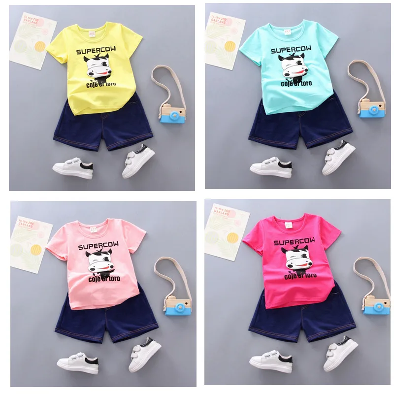 

boy Baby cotton Short Sleeve Cartoon Cow Print T-shirts + Denim Jeans Pants Kids Two Pieces Suits Infant Clothing Sets for girls