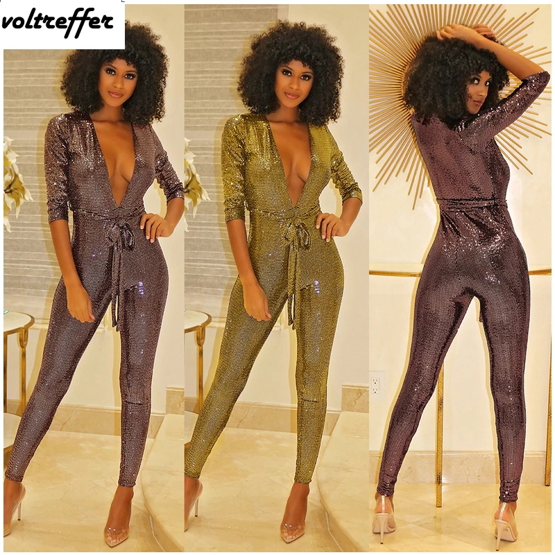 

Deep V Neck Bandage Jumpsuits For Women 2019 Spring With Sashes Sexy One Piece Rompers Bodycon Bodysuit Glitter Overalls Club