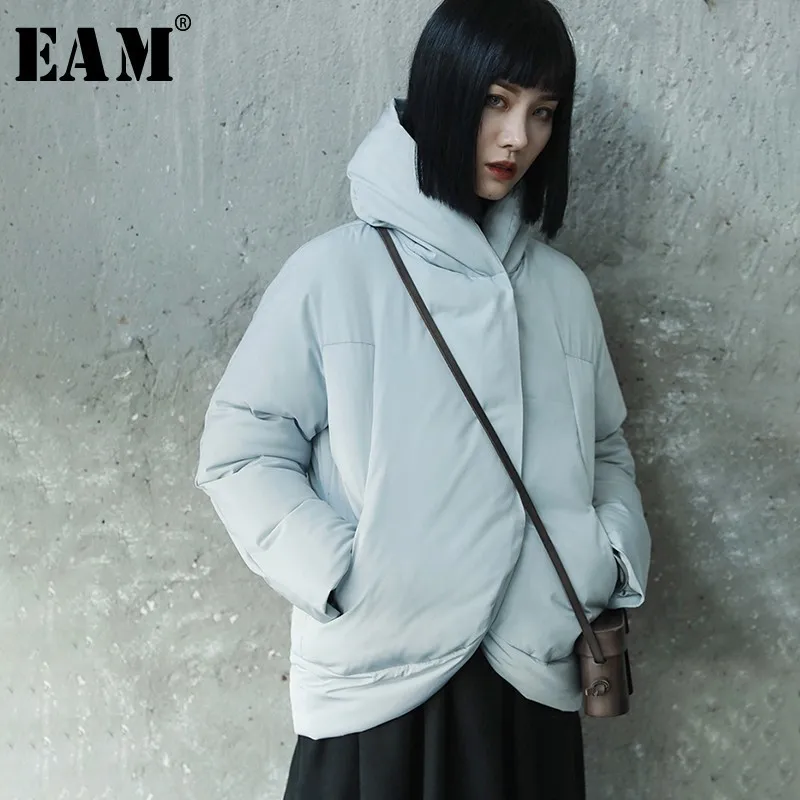 

[EAM] 2019 New Spring Winter Stand Collar Long Sleeve Gray Thick Warm Irregular Cotton-padded Coat Women Parkas Fashion JL290