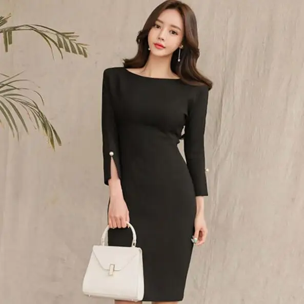 

Autumn Winter Women Dress 2019 Vintage Black Sleeve Formal Party Dress Bodycon Office Lady Work Dress Spring DC851