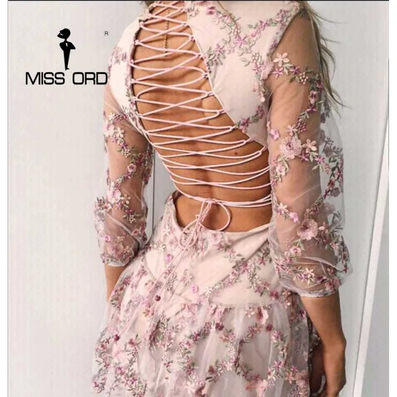 

MISSORD 2019 Sexy irregular neck half sleeve backless embeoidery cross mini dress FT8133