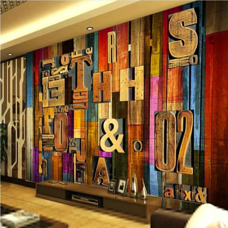 Custom photo background wallpaper living room TV retro 3d alphabet colored wood striped background papel de parede