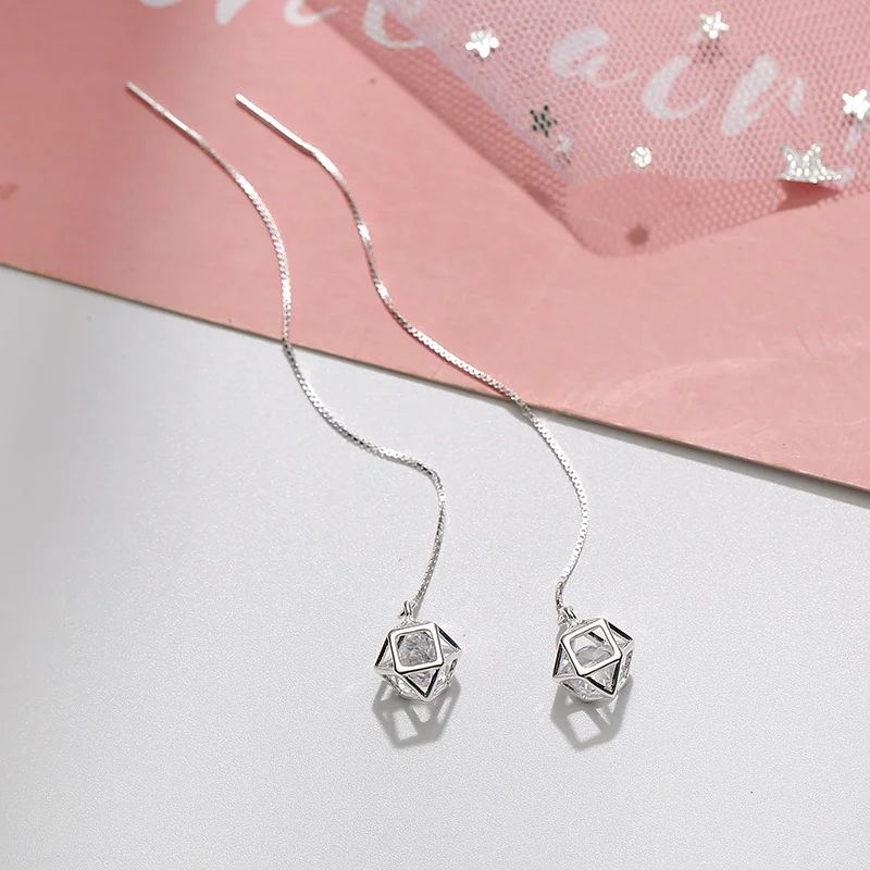 

Simple Style Cube Geometric Crystal Long Drop Earrings 925 AAA Zircon Ear Line Chain Drop Earing Fashion Jewelry Women Gift