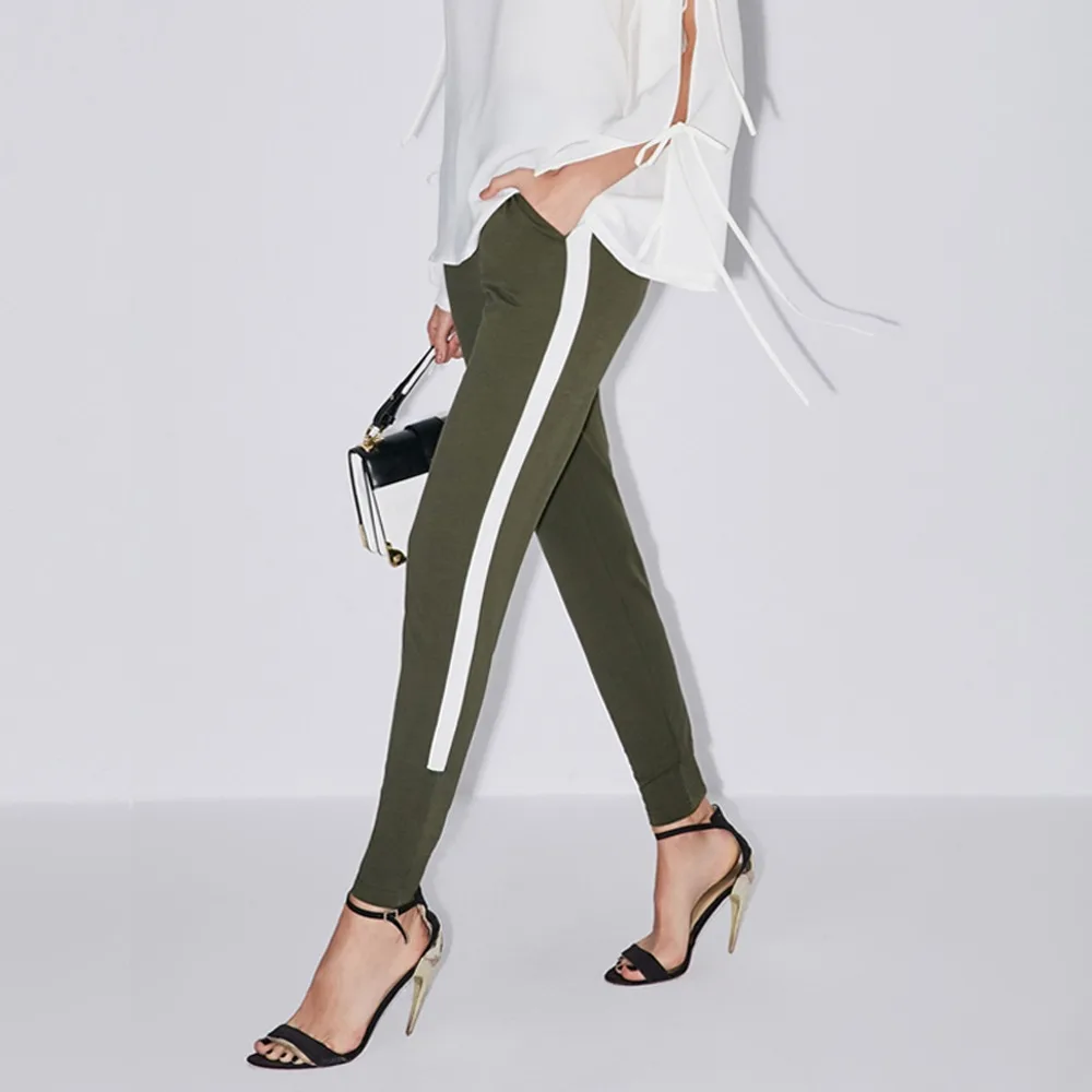 Mujer Amii Elástica Del Pantalones Militar 2019 Contraste Beige verde De Color Alta Lápiz Minimalista Cintura gqdAqvwU