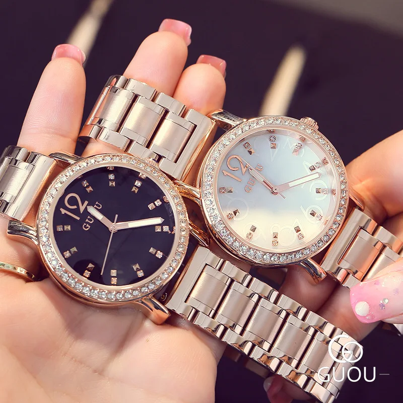 

GUOU Brand Rose Gold Crystal Bling Luxury Quartz Wristwatches Women Full Stainless Steel Simple Ladies Dress Casual Watches 8137