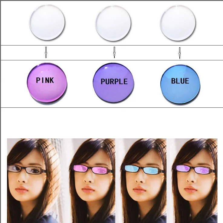 1.56 photochromic pink blue purple color myopia sunglasses dimmed myopia resin eyeglasses prescription optica lenses for eyes