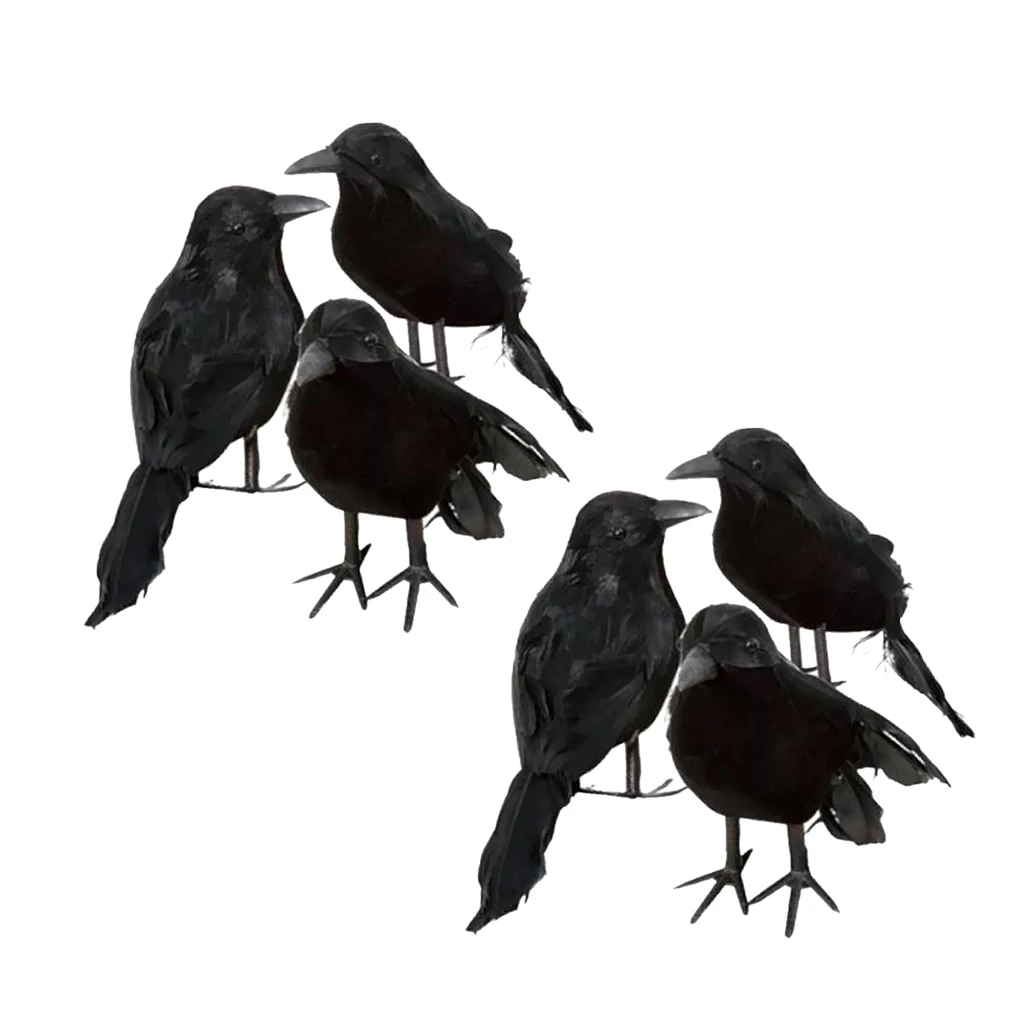 Halloween Decoration Lifelike 6 Pcs Birds Black Feathered Crows Halloween Props Decor Ornaments