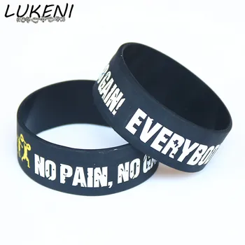 

LUKENI Hot Sale 25PCS Wide Band Everybody Fit No Pain No Gain Silicone Wristband Motto Rubber Bracelets & Bangles Gift SH078