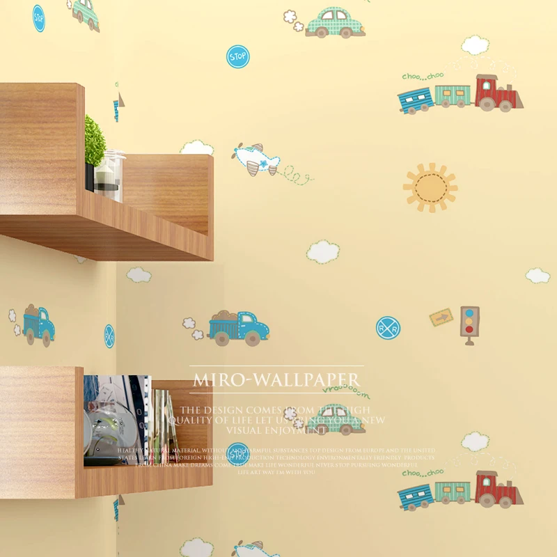 

New Children's room non-woven wallpaper bedroom cartoon wallpaper green warm Korean boy girl cute plane car