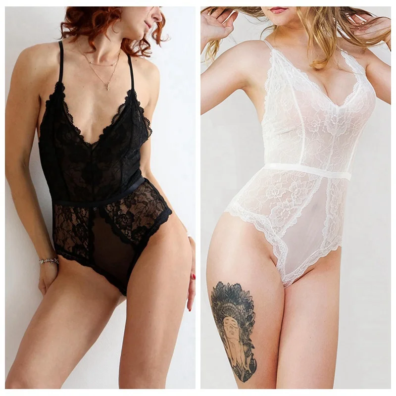 

Women's Sexy Crisscross Deep V Neck Lace Bodysuit Lingerie