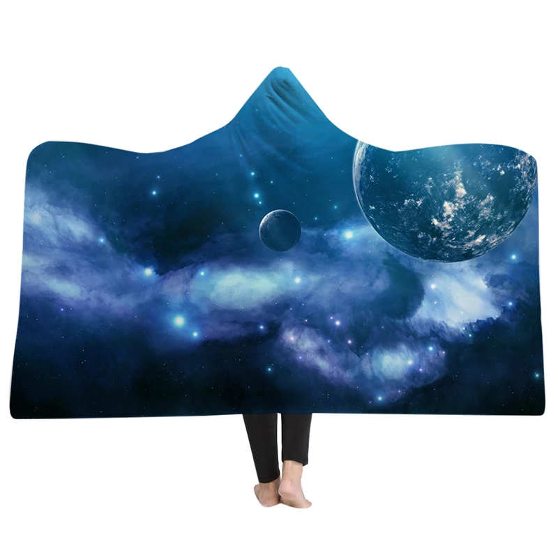 EHOMEBUY New Arrival 3D Blanket Dark Blue Nebula Hooded Blanket