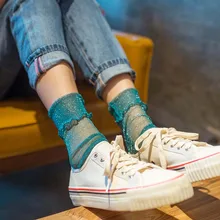 Fashion Women Net Socks Shiny Glowing Silver Silk Socks White Long Female Summer Thin Socks Fishnet Funny Glitter Harajuku Socks