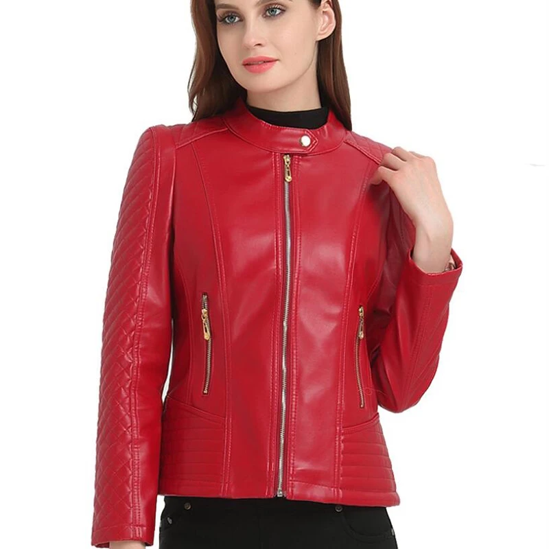 

2019 6XL Fashion Woman Short Motorcycle Pu Leather Zipper Red Jacket For Female Women Basic Jackets Autumn Large Sizes Outerwear