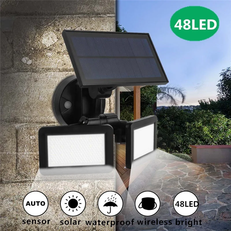 

Smuxi 48LED Dual Head Solar Motion Sensor Spotlights Wall Lamp 3Modes Adjustable Waterproof Solar Floodlight for Garden Garage