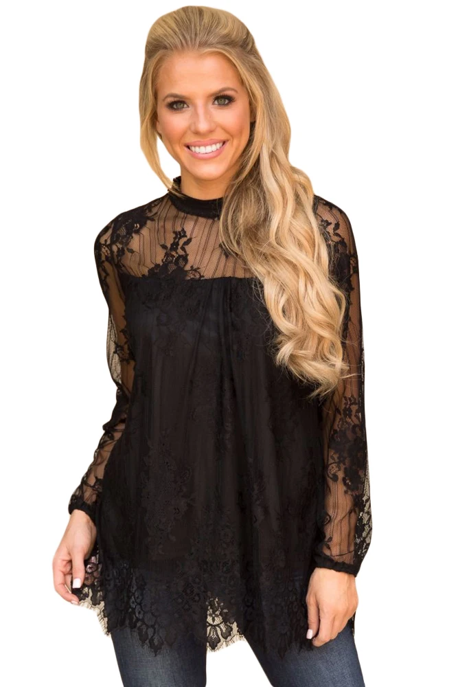 Black-Glam-Floral-Pattern-Lace-Blouse-with-Eyelash-Hem-LC250728-2-1