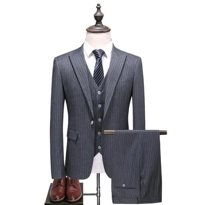

(Jacket+Vest+Pants) 2019 Spring Fashion Stripe Grey Single Button Men Suits Classic Suits Men's Business Wedding Suit Men Blazer