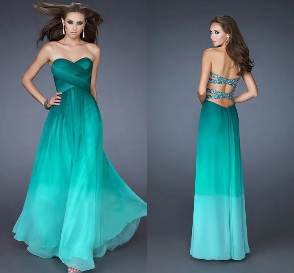 robe de soiree 2016 New Design Ombre Peacock Green Chiffon Evening