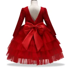 Г. Новое весенне-осеннее детское платье с лямкой на шее кружевное платье принцессы с длинными рукавами и большим бантом для девочек