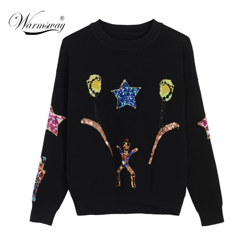Woman Fashion Black knit Sweaters With Gold Sequins Tulips Stars Cute puppet Embroidered Short Knitwear  C-086