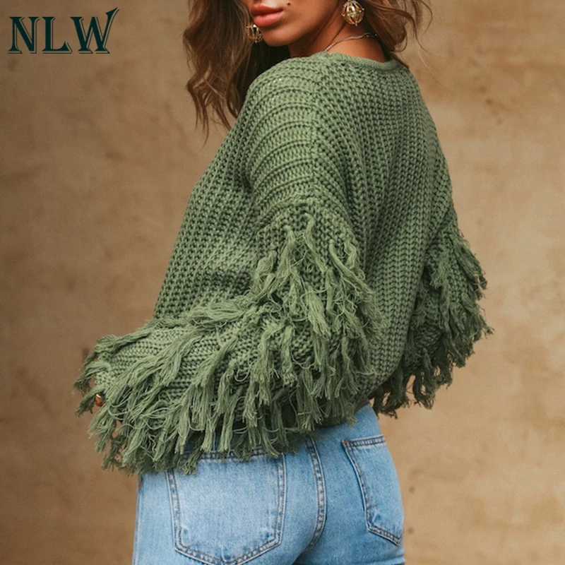 

NLW 2019 Fall Solid Long Sleeve Tassel O Neck Sweater Pink Thick Needle Sweater Pullover Casual Short Jumpers Sueter Mujer