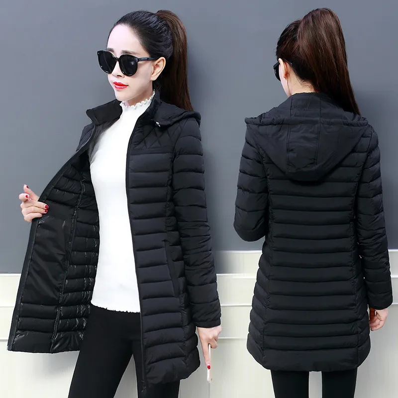 Осенне-зимняя женская куртка размера плюс 6XL с хлопковой подкладкой, приталенные парки с длинным рукавом и съемным капюшоном, верхняя одежда средней длины - Цвет: black