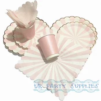 

460pcs Pink Stripe with Foil Gold Paper Party Pack 9inch & 7inch Paper Plates Napkins Cups Wedding Bridal Petite Party Studio