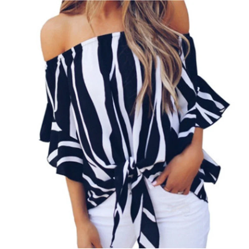 

Women Blouses Summer Autumn 2019 Off Shoulder Striped Spaghetti Strap Shirt Tie Knot Casual Blouse Tops Pencil Fashion Pink Blue