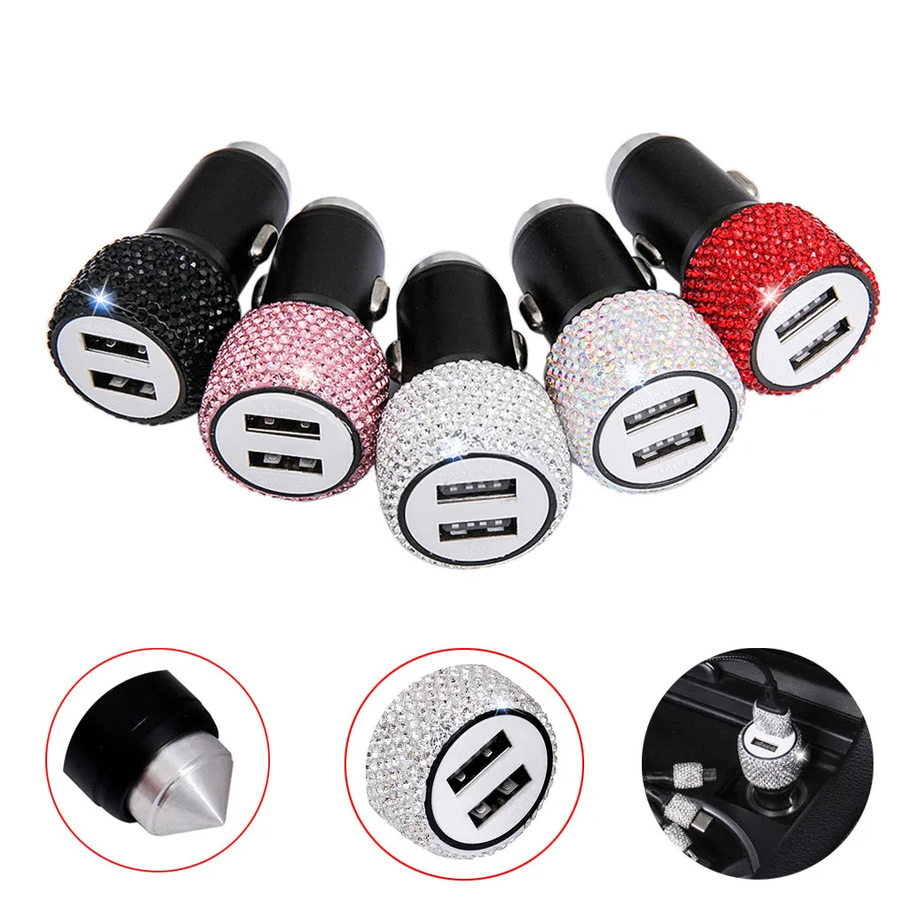 

Crystal Rhinestones Dual USB Quick Charge Car Charger for Mobile Phone For Ipad Fast Charging Adapter luxury Safety Car Charger