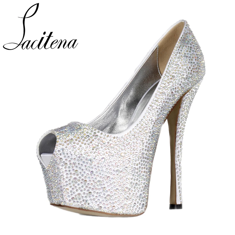 

16cm Square Head Peep Toe Diamond Shoes Crystal Women Party Shoes Pearl Shoes