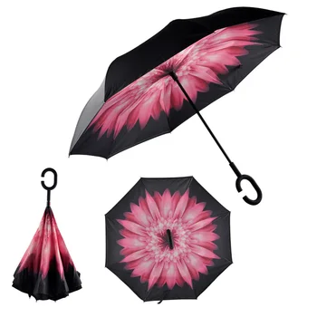 

Creative Windproof Reverse Folding Pongee Double Layer Inverted Chuva 8 Rib Umbrella Self Stand Inside Out Rain Protection