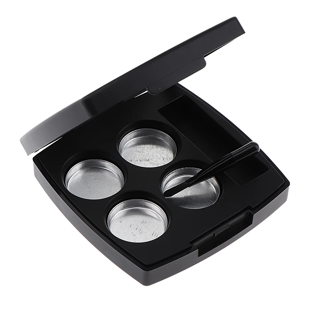 Black Empty Makeup Eyeshadow Pressed Powder Container Case 4 Round Aluminum Pans Palette with Mirror and Brush