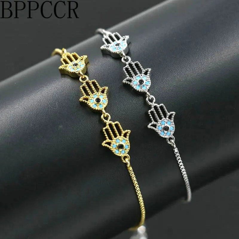 

BPPCCR Exquisite Hollow Design Three Hands Fatima Hamsa Hand Bracelet Blue eye Men Women Lovers Lucky Mujer Hombre Pulseira
