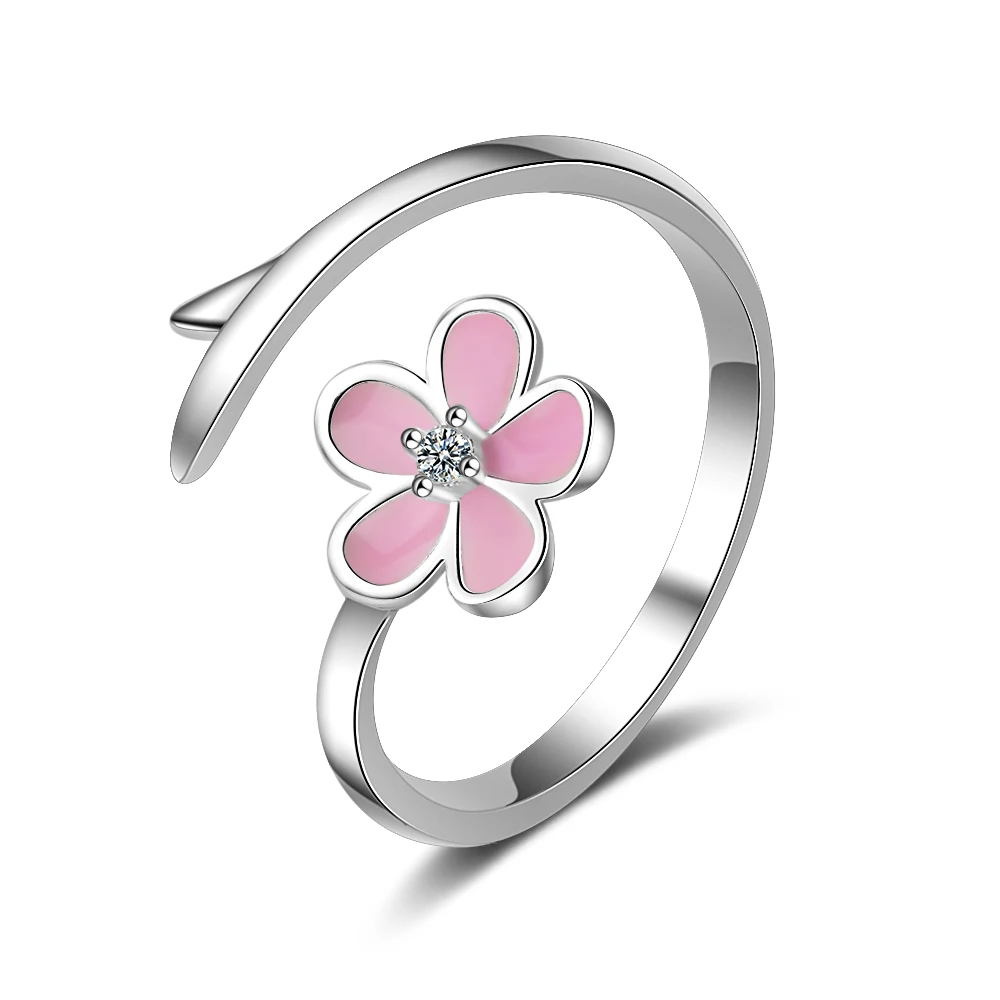 

XIYANIKE Vintage Branch 925 Sterling Silver Pink Cherry Blossom Simple Sweet Flower Rings For Women Opening Adjustable VRS2001