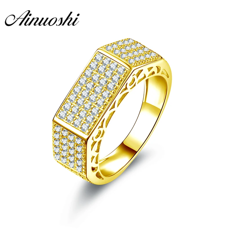 

AINUOSHI Luxurious Male Band 10K Solid Yellow Gold Ring 4 Rows Drill Cluster Ring Wedding Engagement Gold Jewelry 5.5g Men Ring